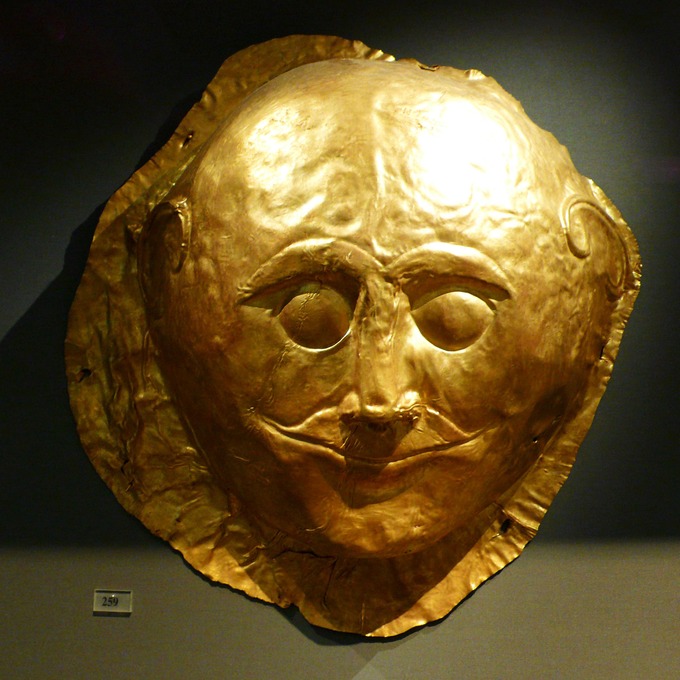 Color photograph of a gold Mycenaean death mask.