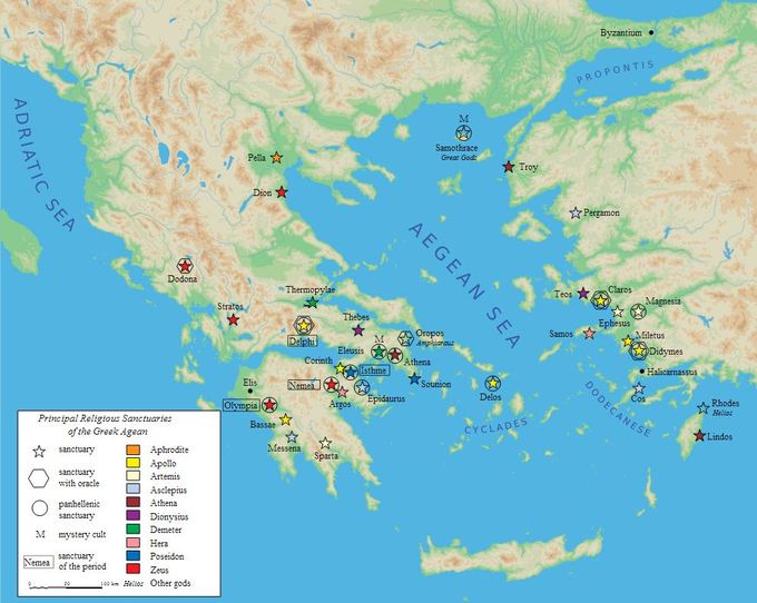 This map lists the major Greek gods and shows where their principal religious sanctuaries are located throughout the Greek Aegean region.