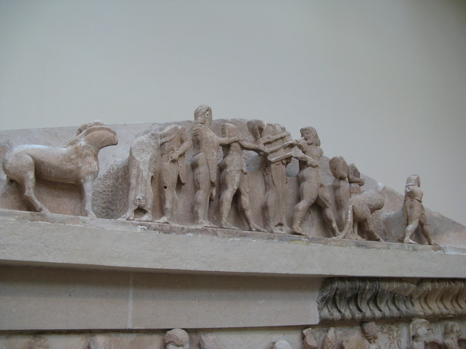 This is a photo of the east pediment of the Siphnian Treasury in Delphi, Greece.