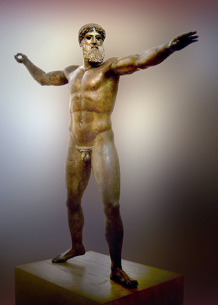 This is a photo of the Artemision Bronze figure that depicts either the bearded Zeus or Poseidon, nude with an idealized muscular body posed as though he is about to strike, arms outstretched.