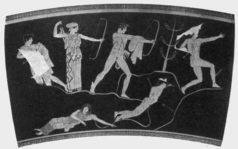 This is a photo of a painting of Artemis and Apollo slaying the children of Niobe. It is painted in red figure style on a krater.