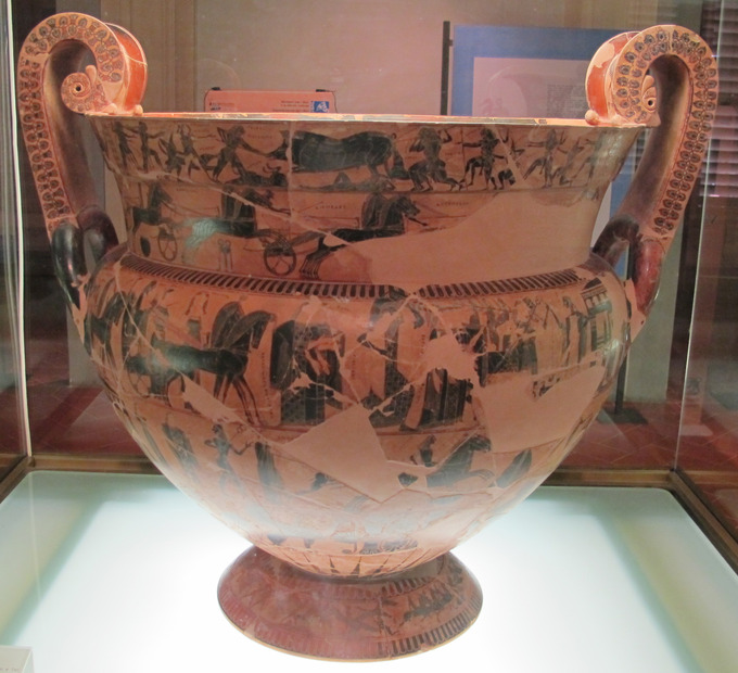 This is a color photo of the Francois Vase, a volute krater decorated with black figures.