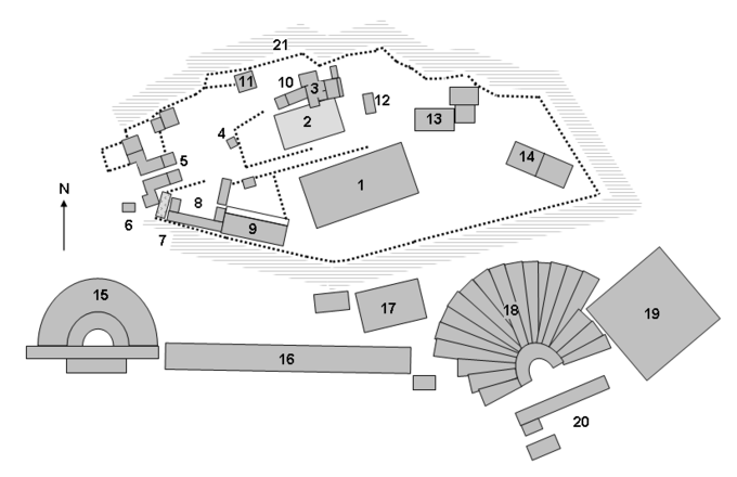 This is a ground plan of the Acropolis and its surrounding area, including the buildings described in the caption.