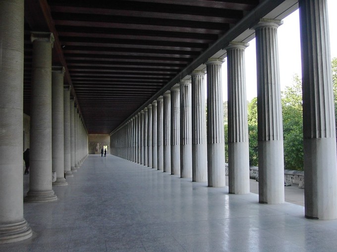 This is a recent photo of the restored Stoa of Attalos. This is a view of the ground-level marble colonnades in the Agora in Athens, Greece.