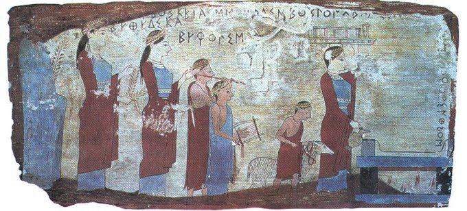 Painted wood panel depicting a sacrifice to the nymphs. Three or more women, dressed in chiton and peplos, are approaching an altar to the right. They are accompanied by musicians. The person nearest the altar appears to be pouring something from a jug. The person behind her leads the sacrifice: a small lamb.