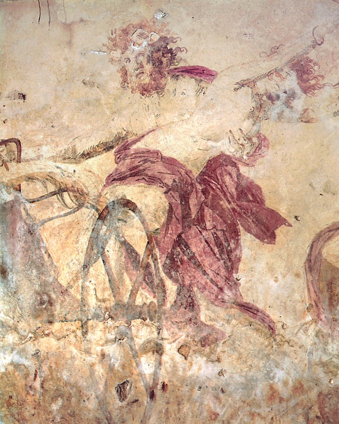 This is a photo of Hades Abducting Persephone. It depicts Hades as a bearded man with long, wild hair driving a chariot as he holds Persephone. Her red robe is slid down to reveal her nude torso.