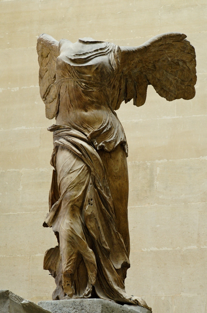 This is a photo of Nike of Samothrace, also known as the Winged Victory (circa 190 BCE). This marble statue, in Samothrace, Greece, commemorates a naval victory.