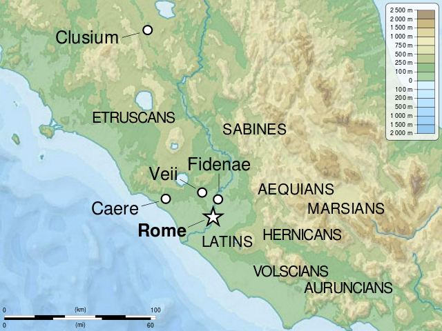 This map shows the locations of the tribes who settled Rome.
