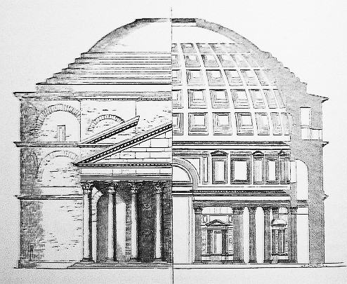 This is an elevation drawing of the Pantheon. Elevation views show materials, texture profiles of the building, and heights of and between elements like windows and detailing.