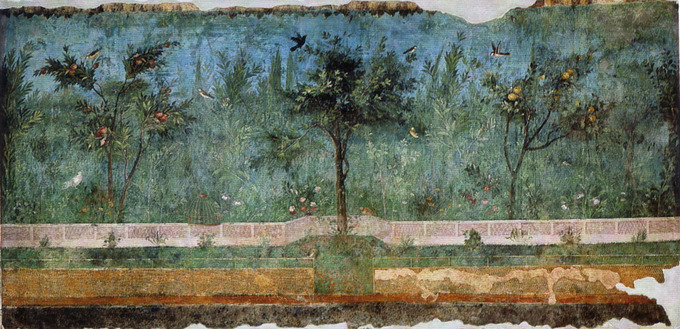 This photo is taken in the Villa of Livia showing a second-style painting. It creates the illusion of overlooking a garden vista with trees and a fence in the distance.