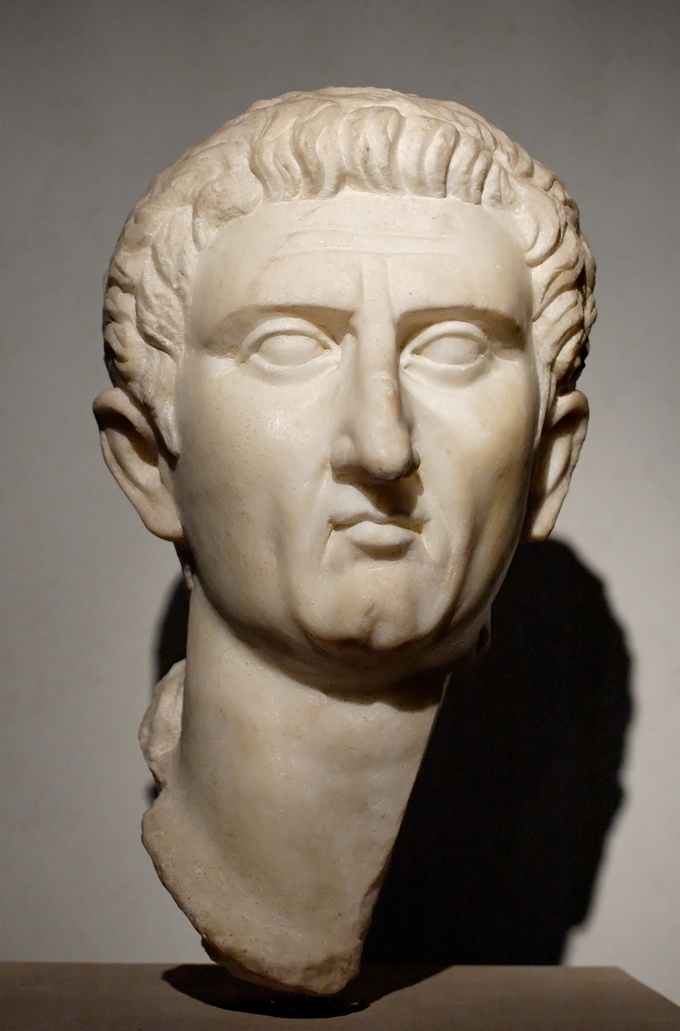 This is a photo of a bust of Nerva. It shows his hair pushed back from his forehead. He has a sharp, narrow nose.