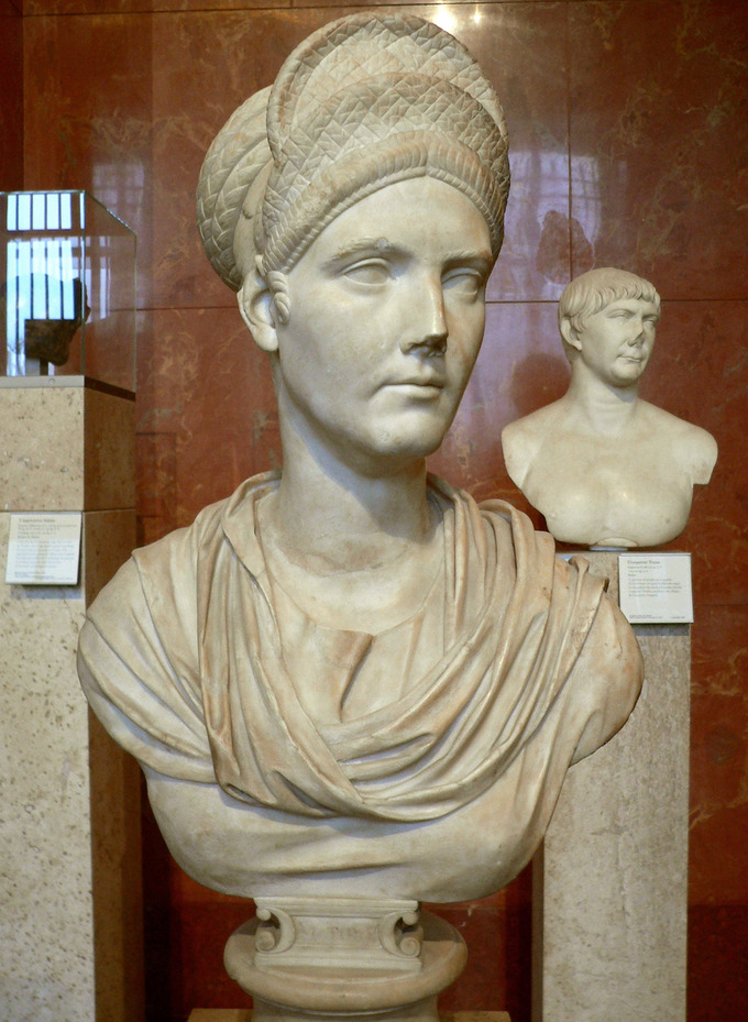 This photo shows a bust of Matidia. It shows the hairstyle she established, a stack of braids resembling a crown.
