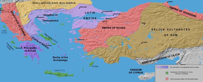 This is a map that shows the division of the Byzantine Empire after its sacking in 1204.