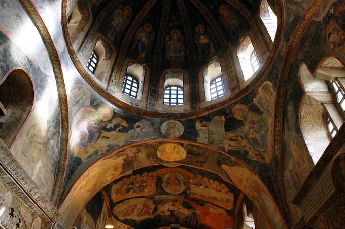 This photo shows fresco scenes from the lives of the Virgin Mary and Christ.