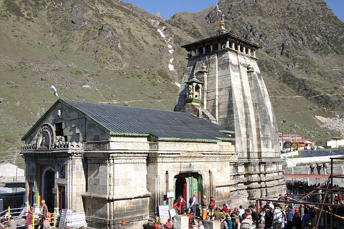 This is a current-day photo of Kedarnath Temple, dedicated to Shiva, in Kedarnath, Uttarakhand.