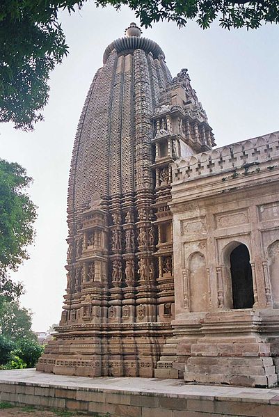 This is a photo of the exterior of the Adinath Jain Temple Sikhara in Khajuraho.
