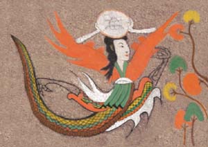 Painting depicts a woman with a snake’s body holding a circular object on her head.