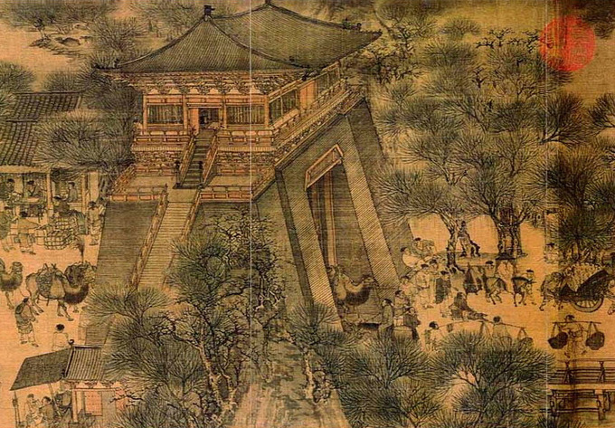 This section of the painting depicts many different people and animals interacting with each other below a high temple.