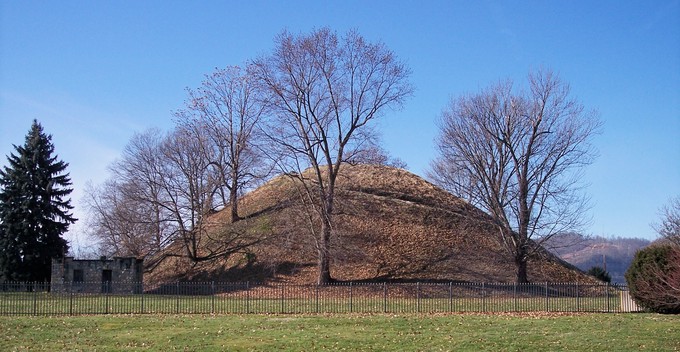 A large mound with several trees growing out of it.