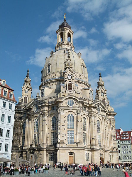 Exterior of the Dresden Frauenkirche, showcasing the elaborate Baroque style and signature dome.