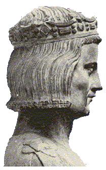 Busto representa a Luis IX desde el costado con el pelo largo y una corona.