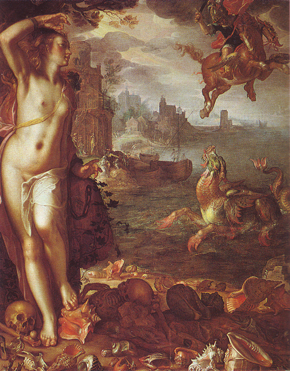 A nude Andromeda is pictured on the left, looking back at Perseus fighting a monster.