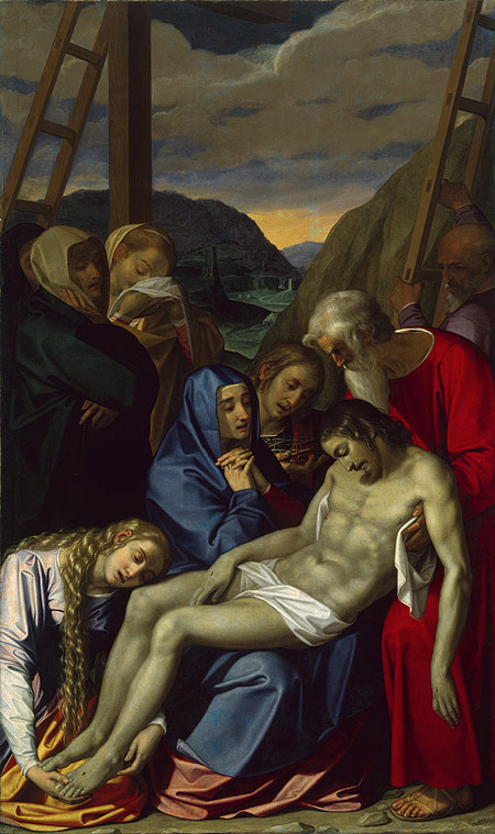 Painting depicts the body of Christ in the center being held by several figures, including the Virgin and Mary Magdalen, who are gazing upon the body with sorrow.