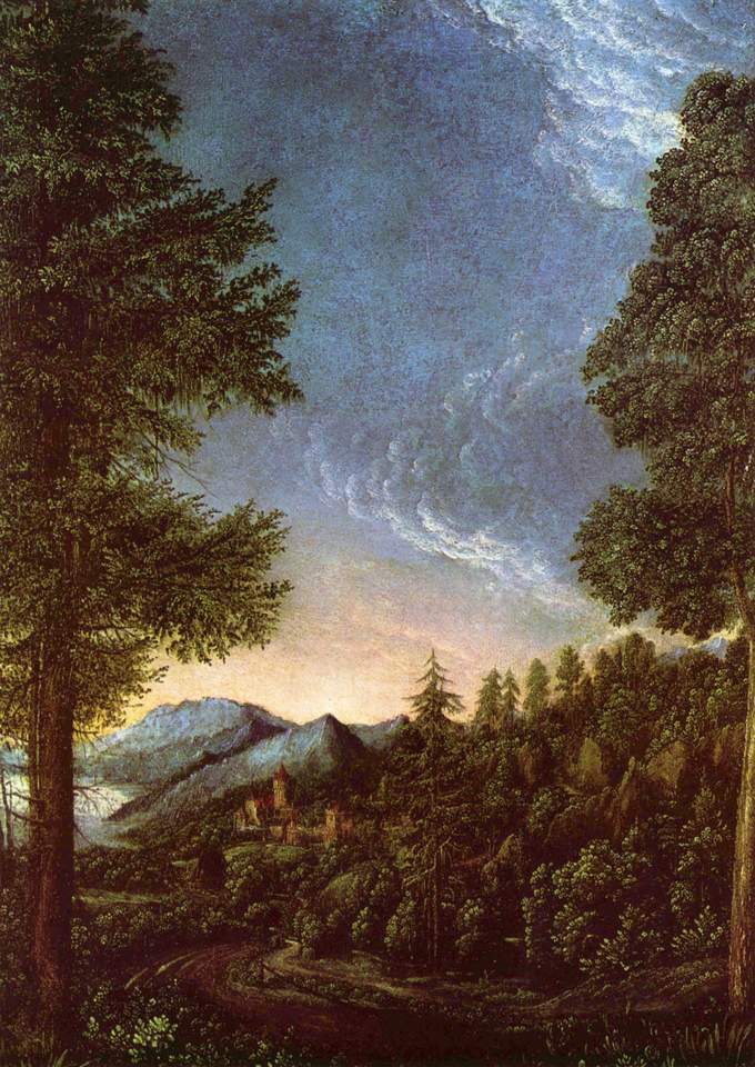 Landscape depicts a road winding through the countryside. There is a building in the background and mountains in the distance.