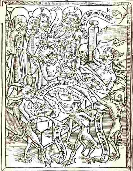 This print shows an ill man in bed surrounded by religious figures and demon-like figures.