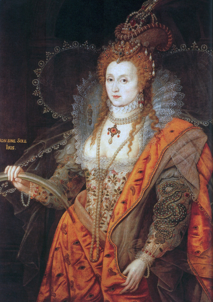 In this painting an ageless Elizabeth appears dressed as if for a masque, in a linen bodice embroidered with spring flowers and a mantle draped over one shoulder, her hair loose beneath a fantastical headdress.