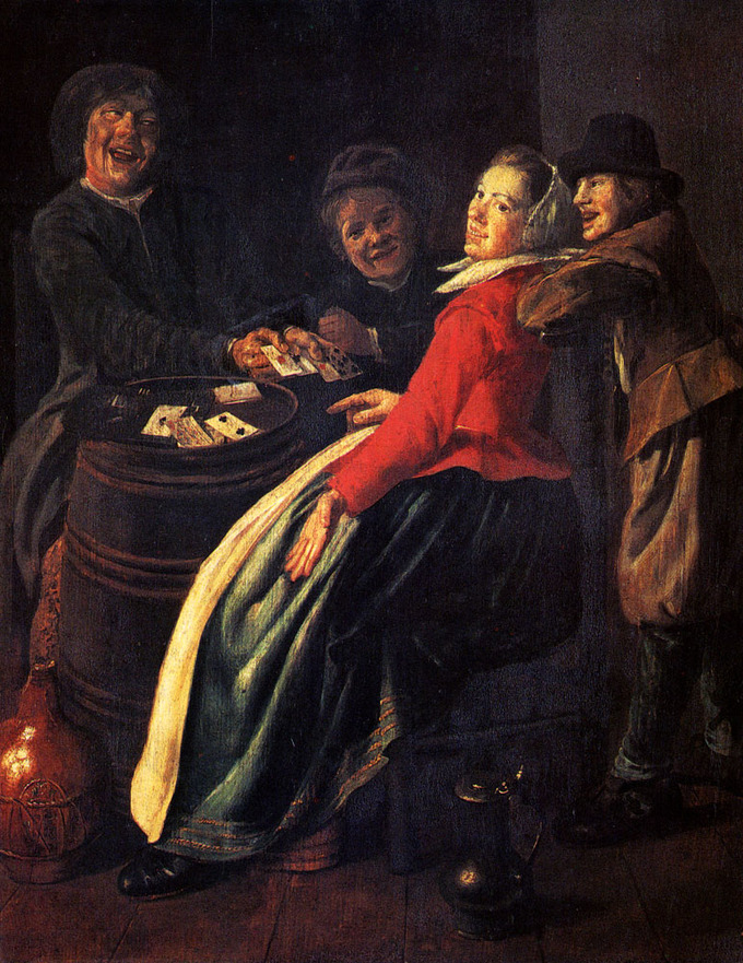 This scene depicts a group of women playing cards, laughing and smiling.