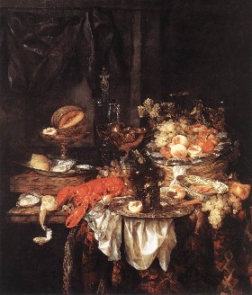 La pintura muestra una variedad de comida y bebida decadentes apiladas sobre una mesa.