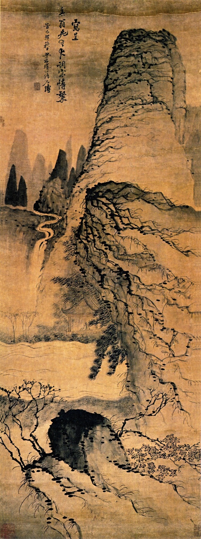 Painting depicts a tall, craggy peak overlooking a pavilion alongside a river. More peaks and a waterfall are in the background.