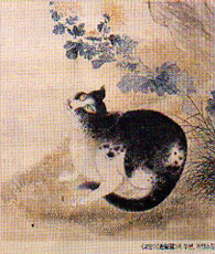 Painting depicts a black and white cat.