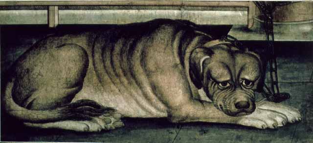Painting depicts a large dog lying down.