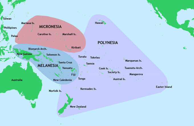 The map shows that Micronesia includes Palau, Mariana Is., Caroline Is., Marshall Is., and Kiribati; Melanesia to the south includes New Guinea, Bismarck Arch., Solomon Is., Santa Cruz, New Caledonia, Vanuatu, and Fiji; and Polynesia to the east includes New Zealand, Kermadec Is., Tonga, Tuvalu, Samoa, Tokelau, Hawaii, Cook Is., Society Is., Austral Is., Maquesas Is., Tuamotu Arch., Mangareva, and Easter Island.