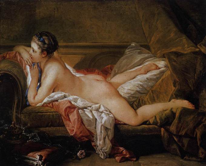 A young woman lay naked on a chaise lounge.