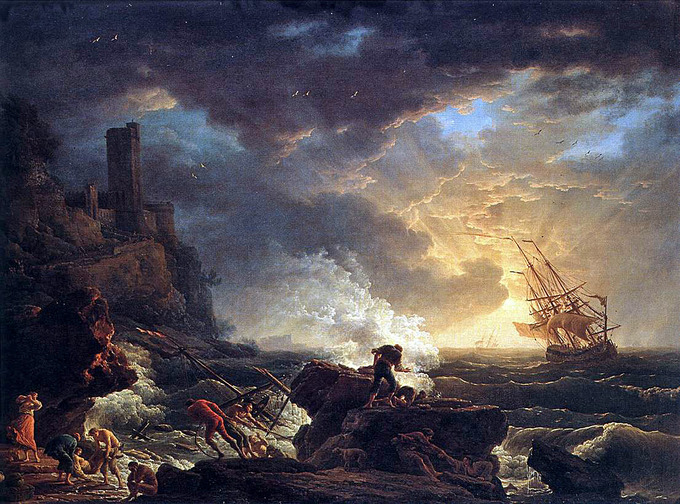 Escena dramática de un naufragio en una orilla rocosa. Nubes oscuras llenan el cielo y los hombres están en la orilla, ayudándose unos a otros a la seguridad.