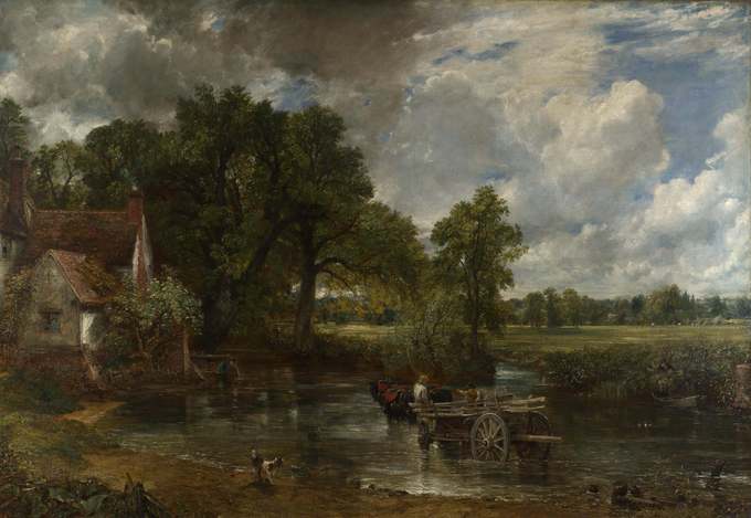 Esta pintura representa como su característica central a tres caballos tirando de lo que de hecho parece ser un wain de madera o un gran carro de granja al otro lado del río. Una cabaña es visible en el extremo izquierdo.