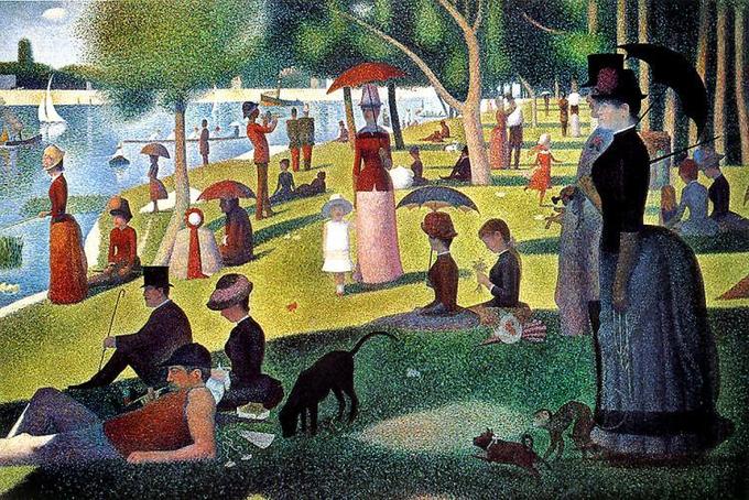 Painting depicts many different people relaxing in a park by the river.