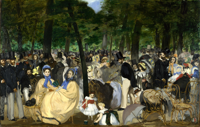 Painting depicts a large gathering of men and women in the Tuileries gardens. The group is so large, the people blend in together.