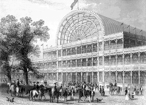 Drawing of the Crystal Palace with people on horses outside.
