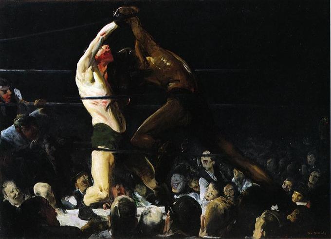 This painting depicts a bloody boxing match.