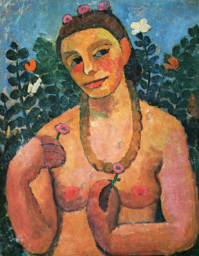 A nude self-portrait that shows the artist from the waist up, holding flowers and wearing a necklace.