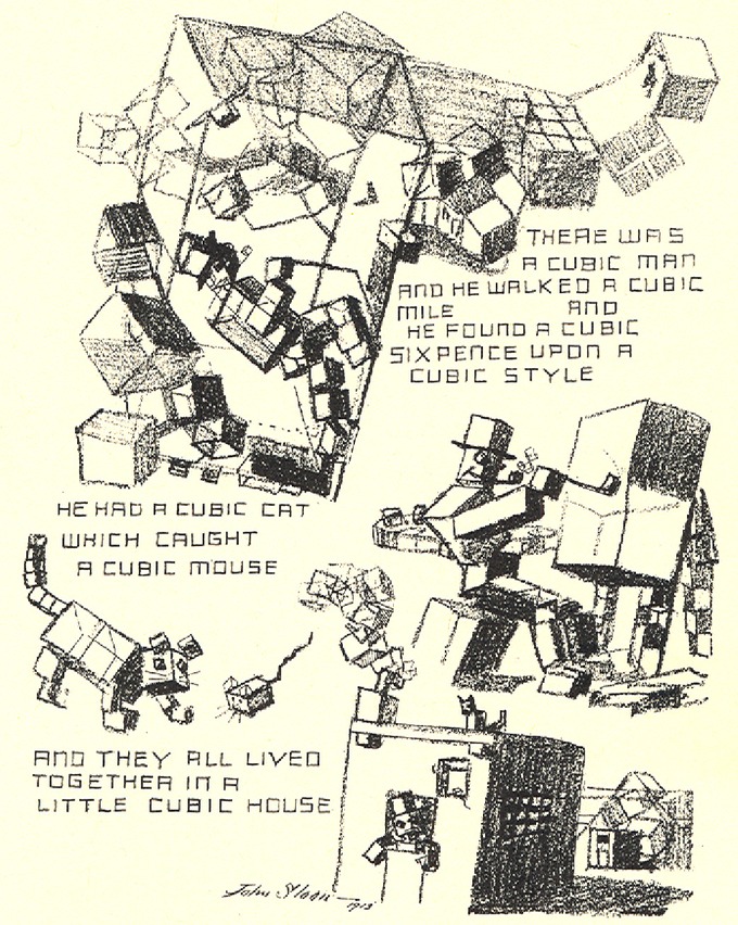 Drawing of many cubes, including a man and a cat made out of cubes, with a satirical rhyming poem about cubic style.