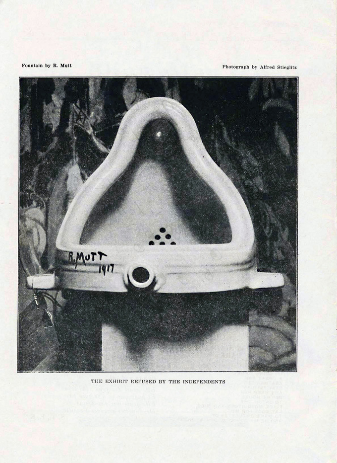 A black and white photo of the piece, a porcelain urinal signed “R.Mutt 1917"