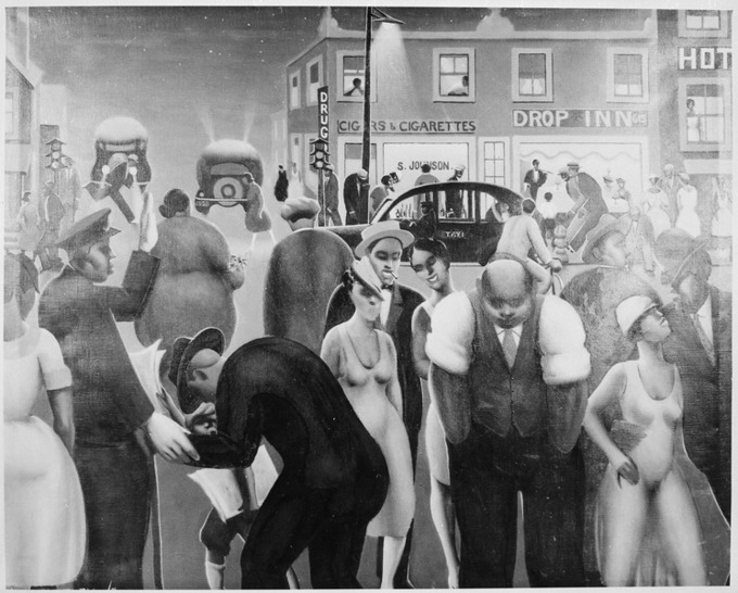 Painting depicts African Americans out at night in a busy city.