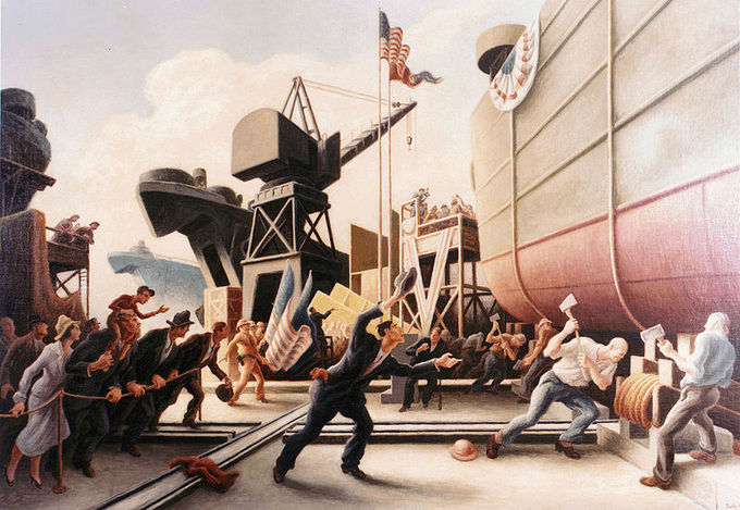 In the center, a man wearing a suit gives instructions to men who are cutting the ropes that hold the ship to the dock. A group of people watch from behind a rope barrier.
