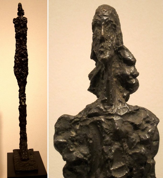Two images of the sculpture of: one of the entire sculpture and one a close-up of the head. The sculpture is heavily textured, and the figure is thin and stretched out.