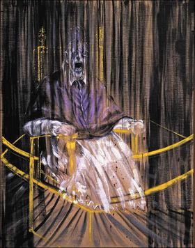 A distorted version of the 17th century painting, Portrait of Innocent X. In this version, the Pope is shown sitting in a thrown, screaming behind transparent drapes.